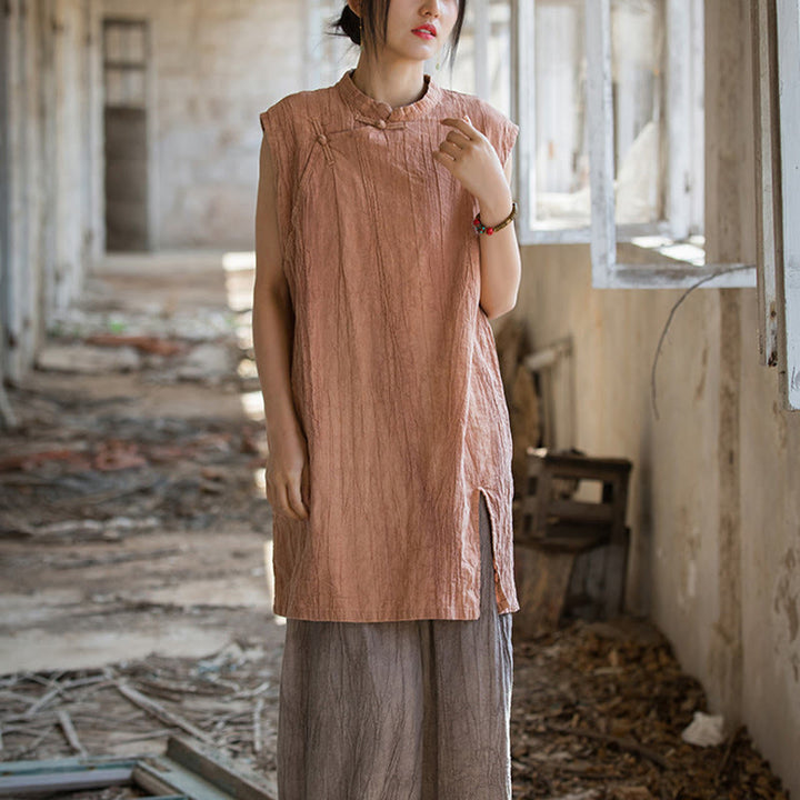 Gilet sans manches à boutons-grenouille en lin ramie teinté à la main Buddha Stones - image 12