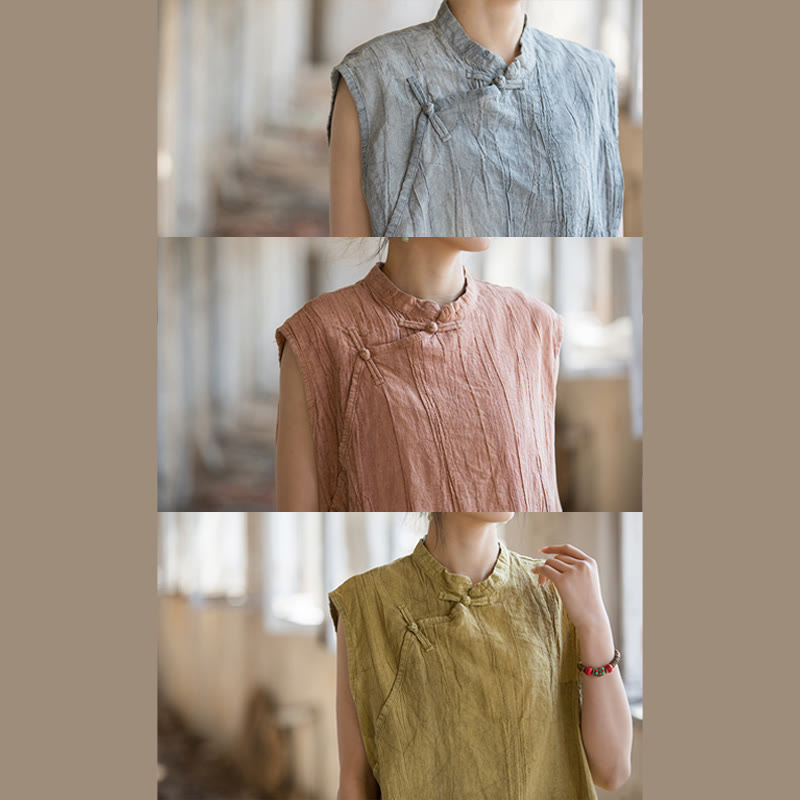 Gilet sans manches à boutons-grenouille en lin ramie teinté à la main Buddha Stones - image 28