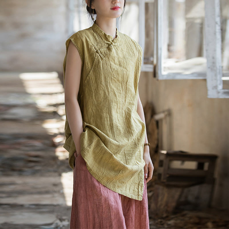 Gilet sans manches à boutons-grenouille en lin ramie teinté à la main Buddha Stones - Jaune (Tour de poitrine 112 cm / Largeur d'épaules 42 cm / Longueur 84 cm) (Haut uniquement) - image 14