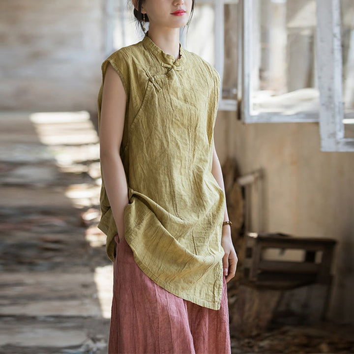 Gilet sans manches à boutons-grenouille en lin ramie teinté à la main Buddha Stones - Jaune (Tour de poitrine 112 cm / Largeur d'épaules 42 cm / Longueur 84 cm) (Haut uniquement) - image 14