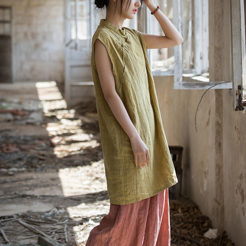 Gilet sans manches à boutons-grenouille en lin ramie teinté à la main Buddha Stones - image 18