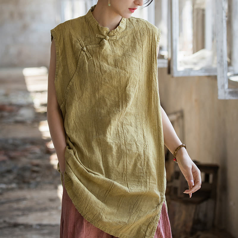 Gilet sans manches à boutons-grenouille en lin ramie teinté à la main Buddha Stones - image 15