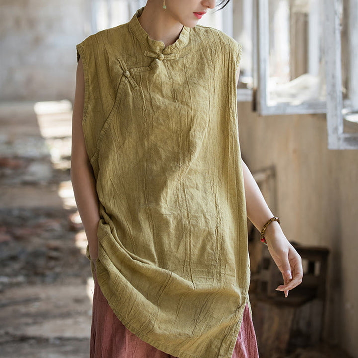 Gilet sans manches à boutons-grenouille en lin ramie teinté à la main Buddha Stones - image 15