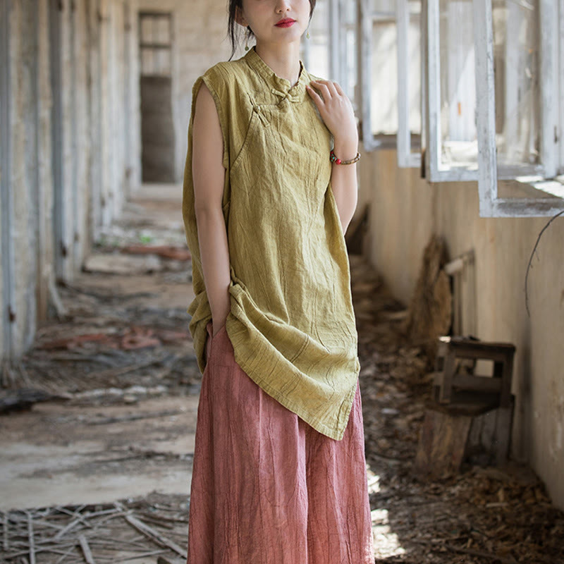 Gilet sans manches à boutons-grenouille en lin ramie teinté à la main Buddha Stones - image 19