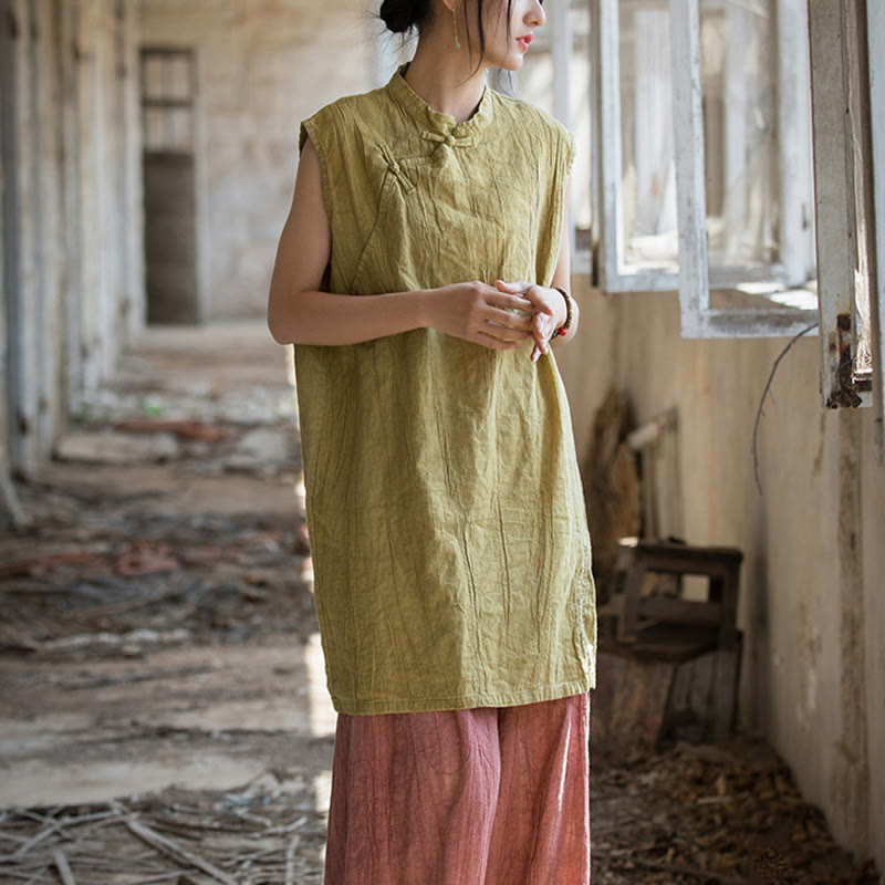 Gilet sans manches à boutons-grenouille en lin ramie teinté à la main Buddha Stones - image 20