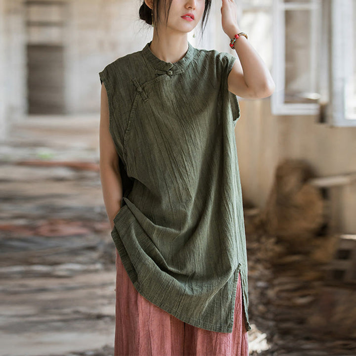 Gilet sans manches à boutons-grenouille en lin ramie teinté à la main Buddha Stones - Vert (Tour de poitrine 112 cm / Largeur d'épaules 42 cm / Longueur 84 cm) (Haut uniquement) - image 21