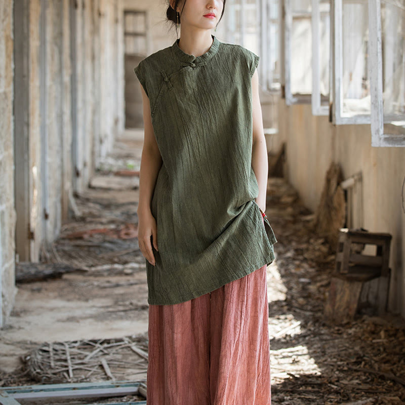 Gilet sans manches à boutons-grenouille en lin ramie teinté à la main Buddha Stones - image 25