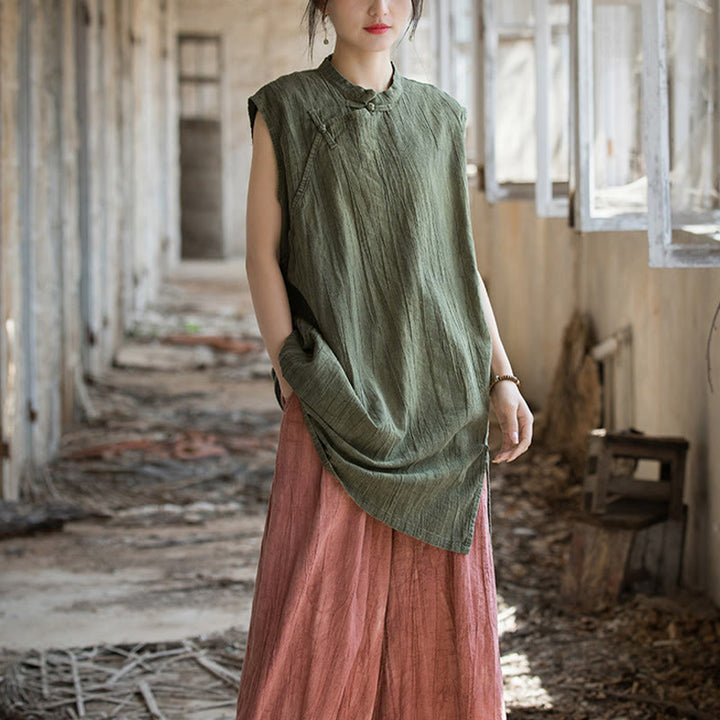 Gilet sans manches à boutons-grenouille en lin ramie teinté à la main Buddha Stones - image 24