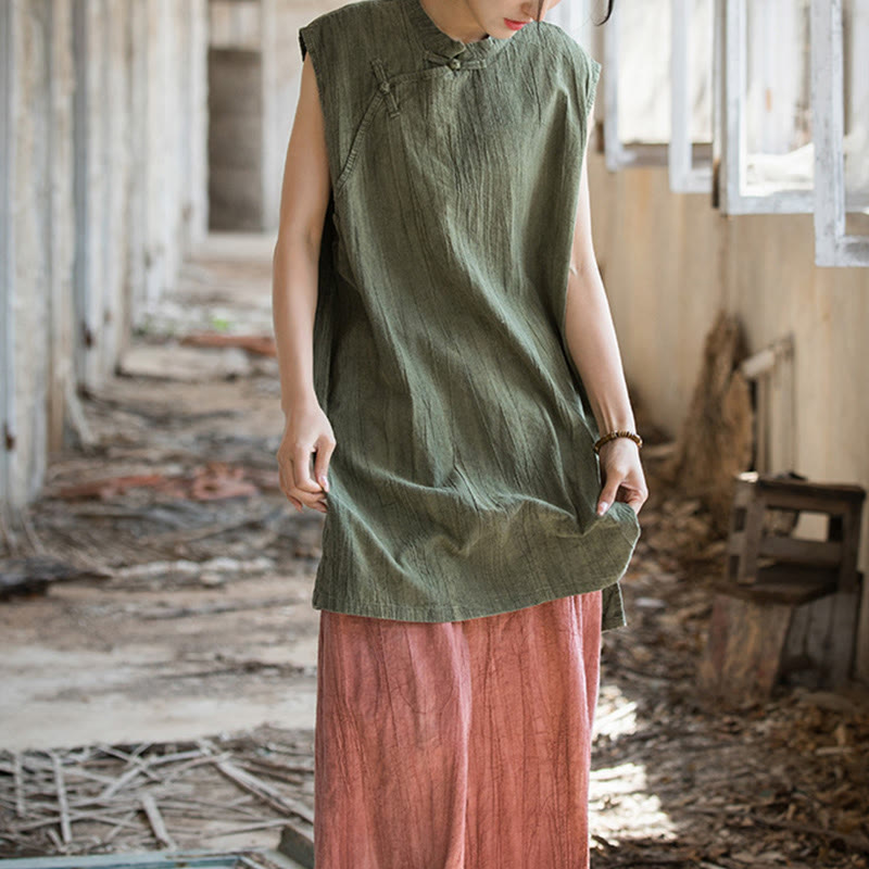 Gilet sans manches à boutons-grenouille en lin ramie teinté à la main Buddha Stones - image 26