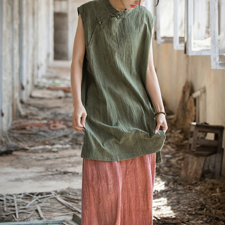 Gilet sans manches à boutons-grenouille en lin ramie teinté à la main Buddha Stones - image 26