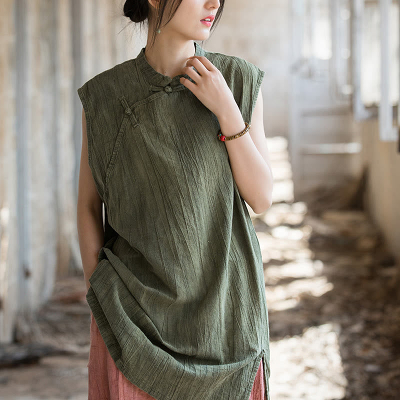 Gilet sans manches à boutons-grenouille en lin ramie teinté à la main Buddha Stones - image 22