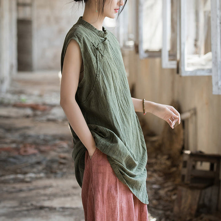 Gilet sans manches à boutons-grenouille en lin ramie teinté à la main Buddha Stones - image 23