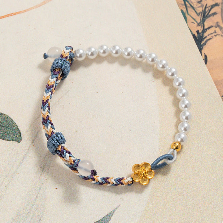 Bracelet de guérison en argent sterling 925 avec perles de fleur de pêcher et calcédoine de Buddha Stones