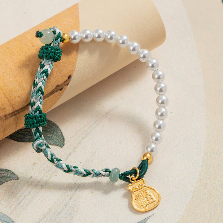 Bracelet en corde de sagesse en jade Hetian avec Buddha Stones -bonheur en argent sterling 925 et personnage Fu
