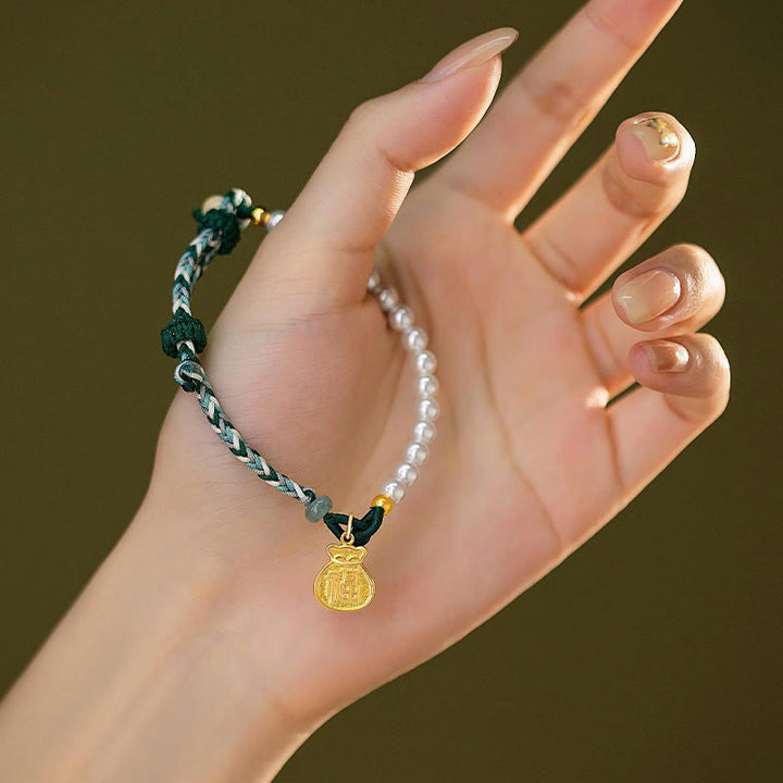 Bracelet en corde de sagesse en jade Hetian avec Buddha Stones -bonheur en argent sterling 925 et personnage Fu