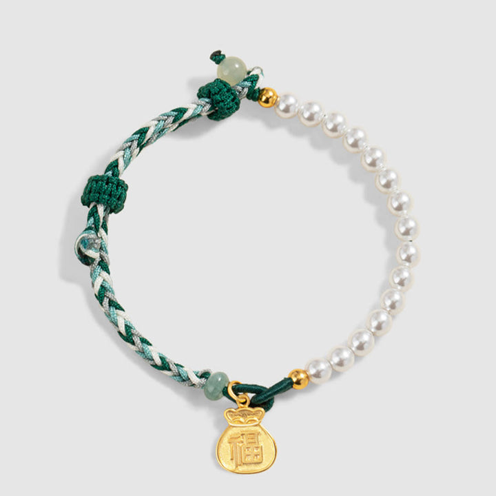 Bracelet en corde de sagesse en jade Hetian avec Buddha Stones -bonheur en argent sterling 925 et personnage Fu