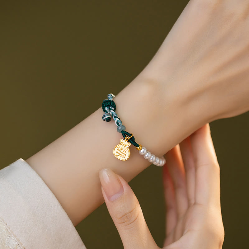 Bracelet en corde de sagesse en jade Hetian avec Buddha Stones -bonheur en argent sterling 925 et personnage Fu