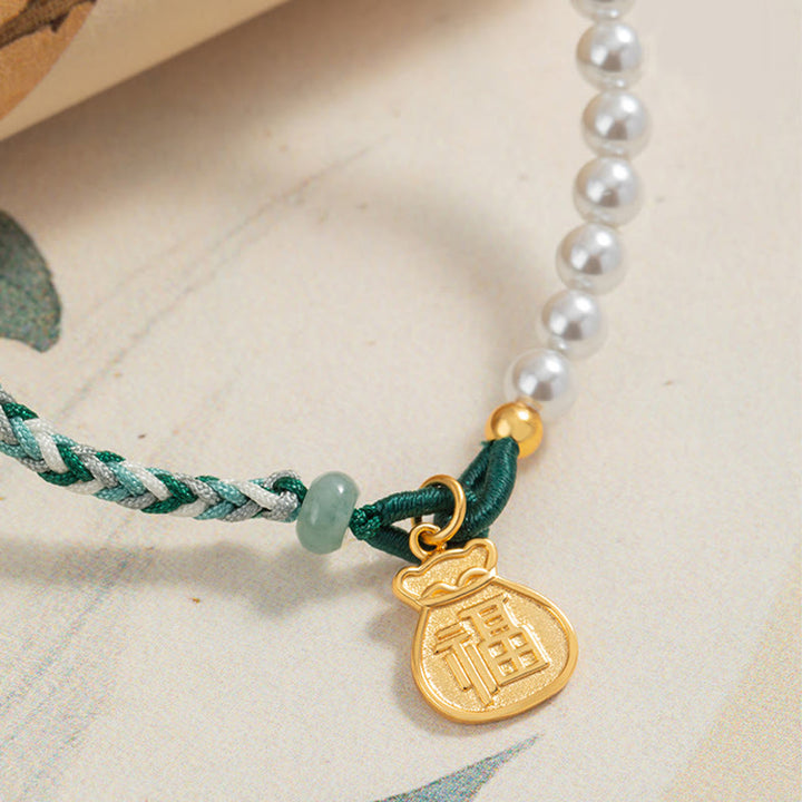Bracelet en corde de sagesse en jade Hetian avec Buddha Stones -bonheur en argent sterling 925 et personnage Fu