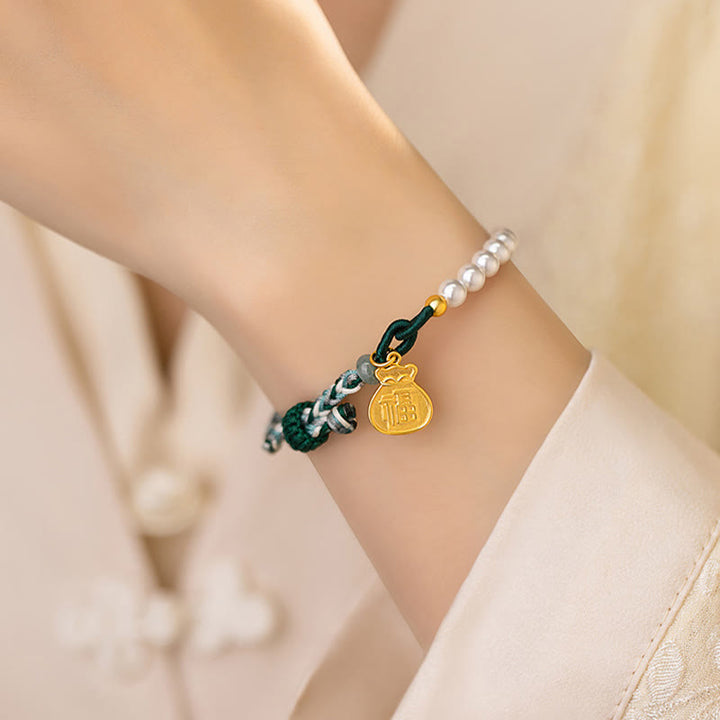 Bracelet en corde de sagesse en jade Hetian avec Buddha Stones -bonheur en argent sterling 925 et personnage Fu