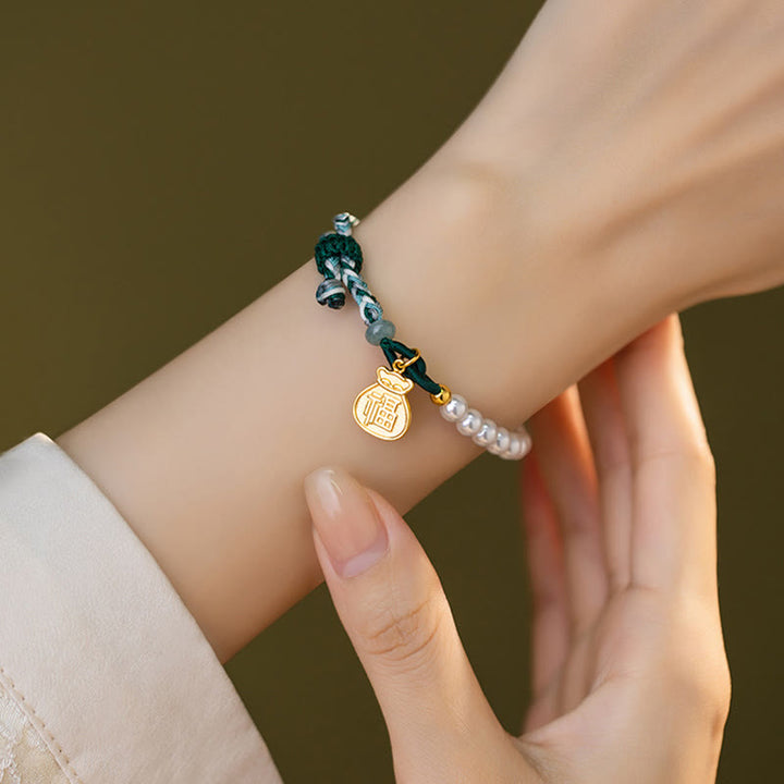 Bracelet en corde de sagesse en jade Hetian avec Buddha Stones -bonheur en argent sterling 925 et personnage Fu