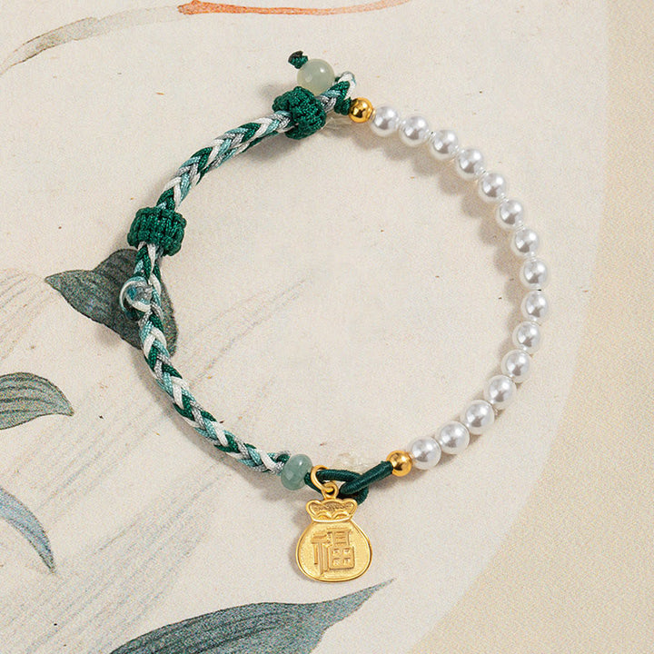 Bracelet en corde de sagesse en jade Hetian avec Buddha Stones -bonheur en argent sterling 925 et personnage Fu