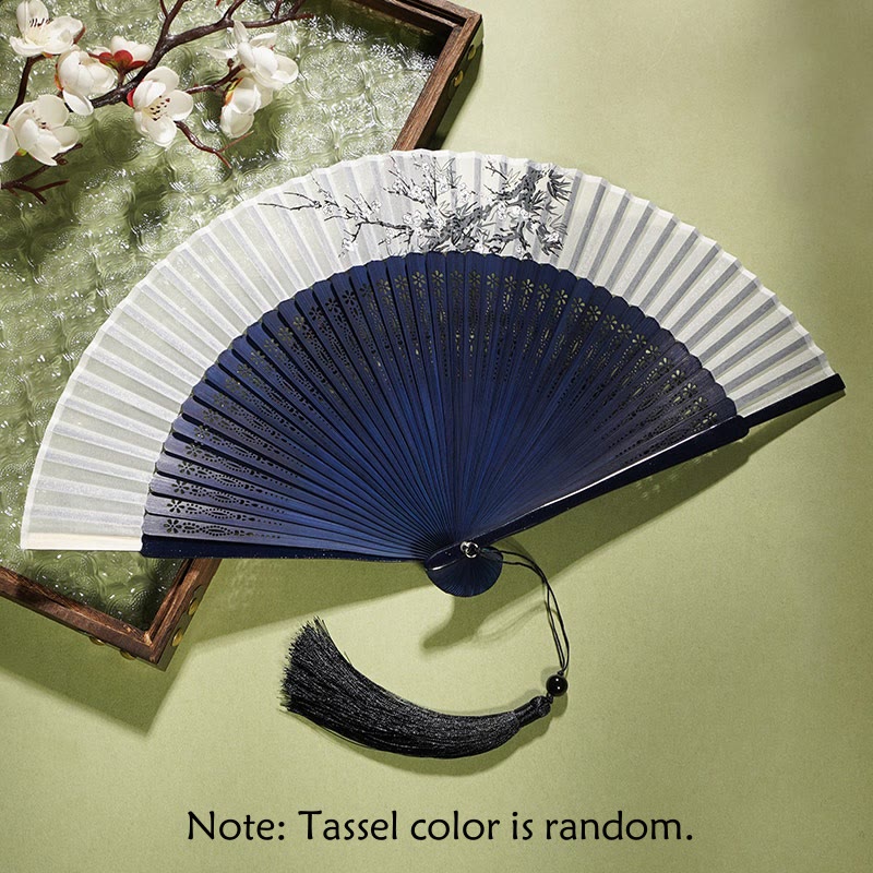 Éventail pliable en bambou avec Buddha Stones et branches de fleurs anciennes 21 cm