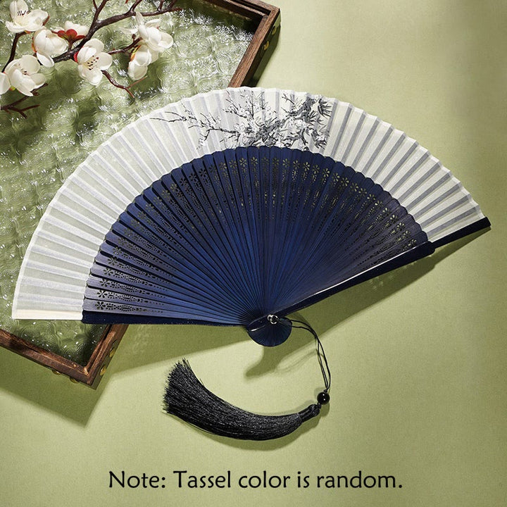 Éventail pliable en bambou avec Buddha Stones et branches de fleurs anciennes 21 cm