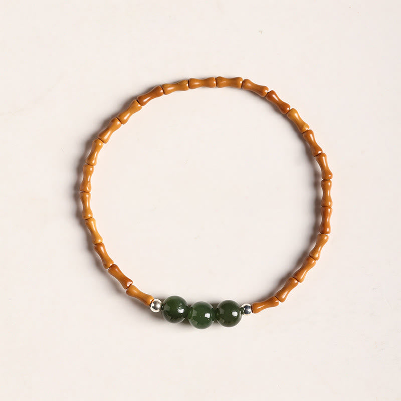 Bracelet porte-bonheur en perles de jade Hetian à motif de bambou et noyau d'olive naturelle de Buddha Stones
