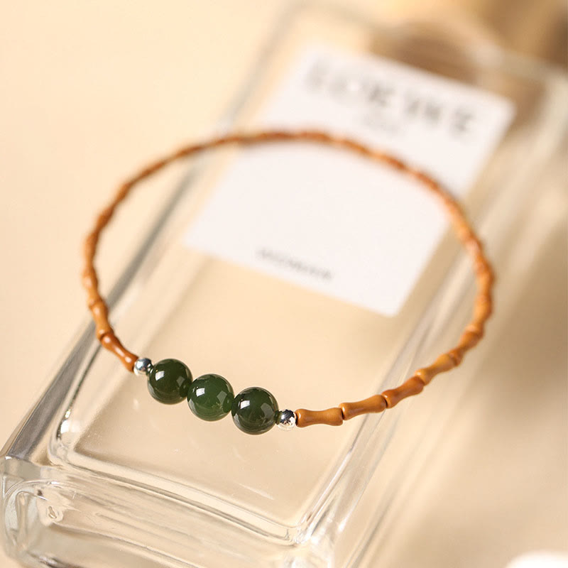 Bracelet porte-bonheur en perles de jade Hetian à motif de bambou et noyau d'olive naturelle de Buddha Stones
