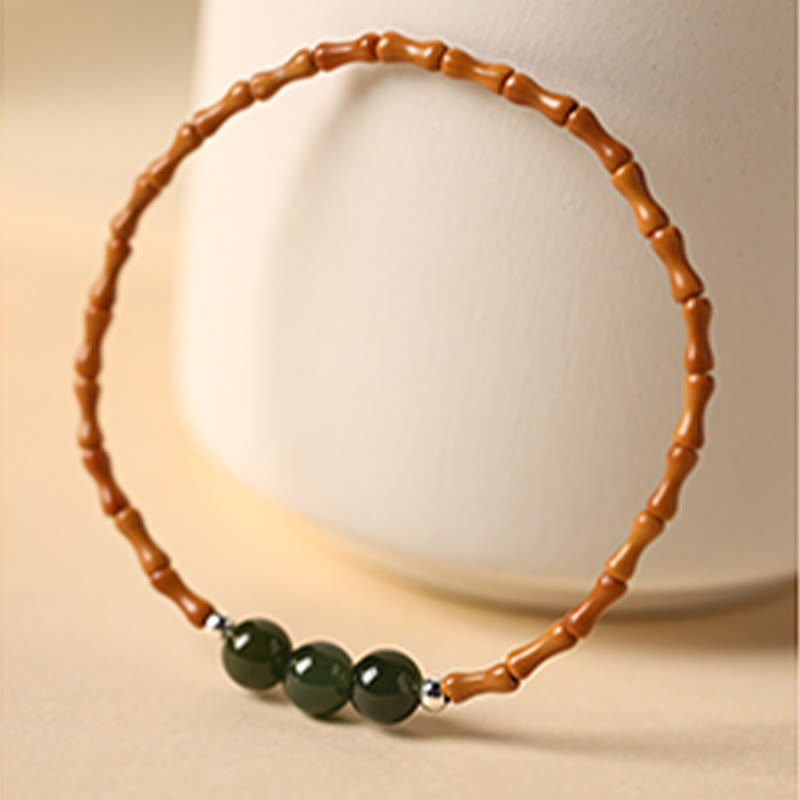 Bracelet porte-bonheur en perles de jade Hetian à motif de bambou et noyau d'olive naturelle de Buddha Stones