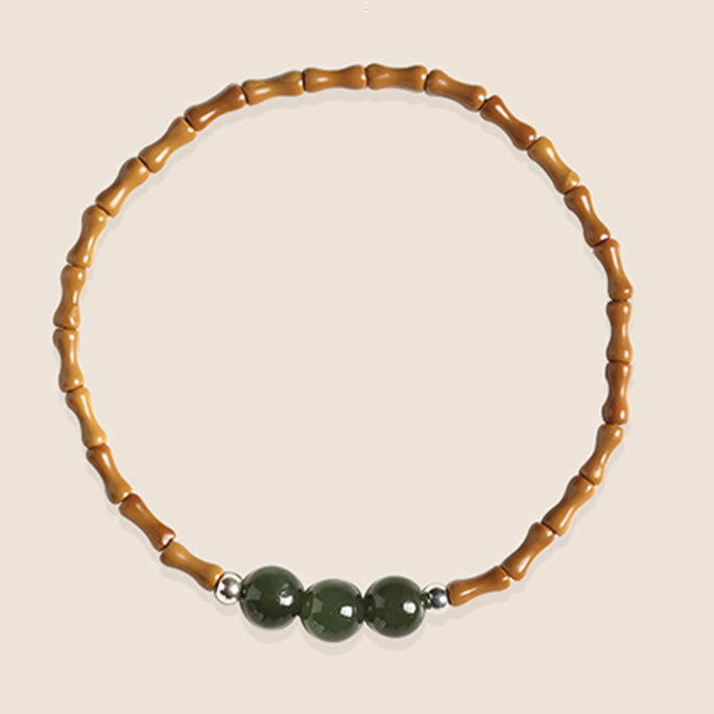 Bracelet porte-bonheur en perles de jade Hetian à motif de bambou et noyau d'olive naturelle de Buddha Stones