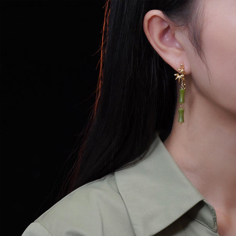 Buddha Stones d'oreilles pendantes en feuille de bambou avec péridot naturel en argent sterling 925 et tiges plaquées cuivre