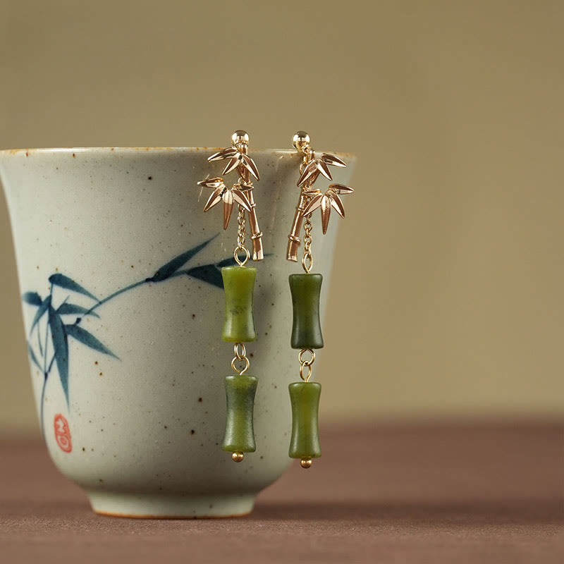 Buddha Stones d'oreilles pendantes en feuille de bambou avec péridot naturel en argent sterling 925 et tiges plaquées cuivre