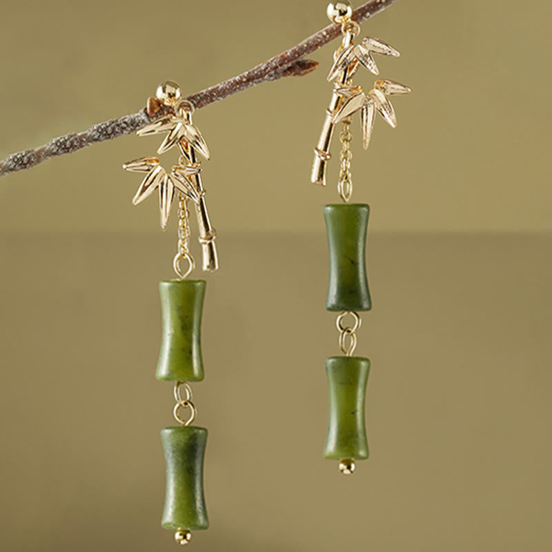 Buddha Stones d'oreilles pendantes en feuille de bambou avec péridot naturel en argent sterling 925 et tiges plaquées cuivre
