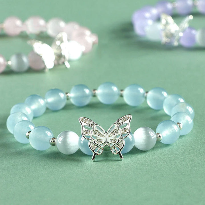 Bracelet énergétique papillon en Buddha Stones, calcédoine bleue, cristal rose, calcédoine violette - Calcédoine bleue (Tour de poignet 14-16 cm) - image 0