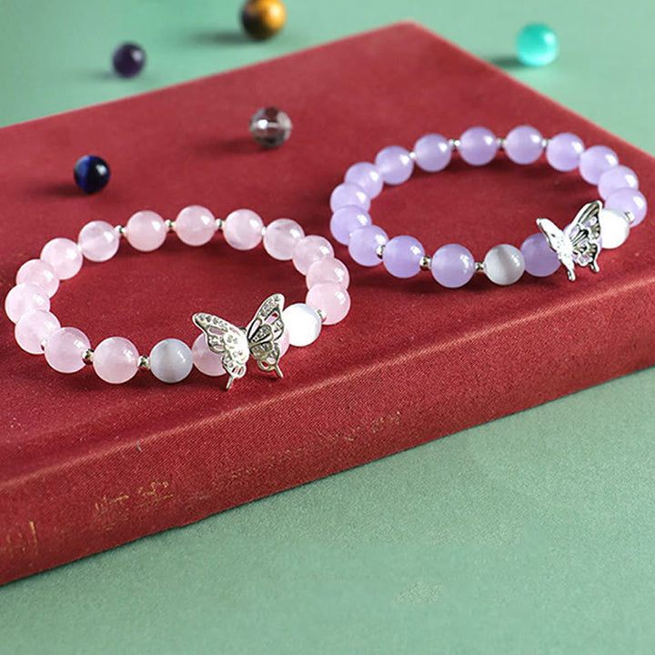Bracelet énergétique papillon en Buddha Stones, calcédoine bleue, cristal rose, calcédoine violette - image 9
