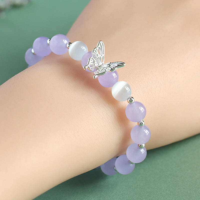 Bracelet énergétique papillon en Buddha Stones, calcédoine bleue, cristal rose, calcédoine violette - image 8