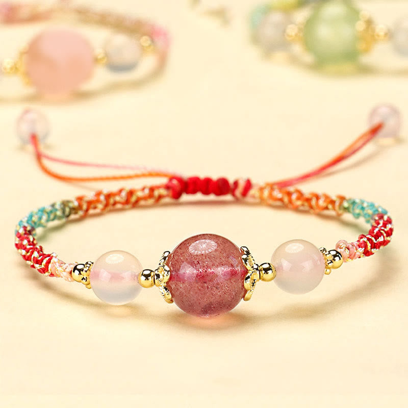 Bracelet de guérison en corde avec perles d'agate blanche et de préhnite en cristal rose et quartz fraise de Buddha Stones - Quartz fraise (Tour de poignet 14-18 cm) - image 0