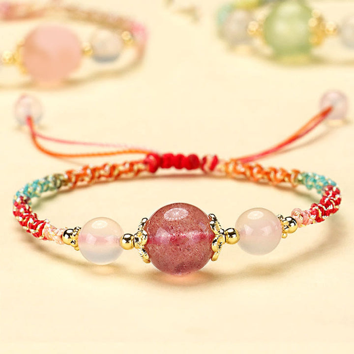 Bracelet de guérison en corde avec perles d'agate blanche et de préhnite en cristal rose et quartz fraise de Buddha Stones - Quartz fraise (Tour de poignet 14-18 cm) - image 0