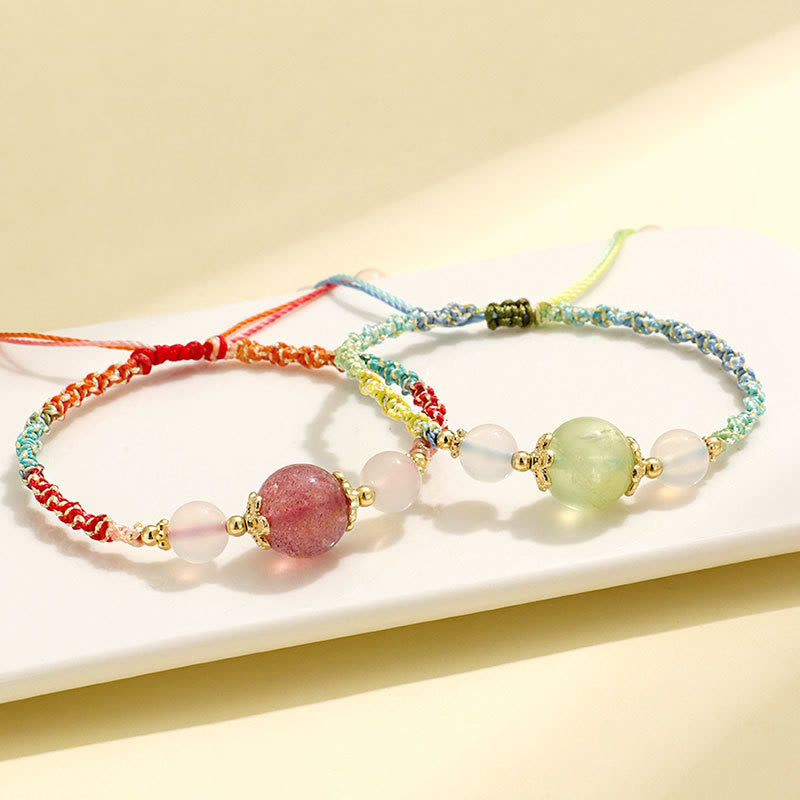 Bracelet de guérison en corde avec perles d'agate blanche et de préhnite en cristal rose et quartz fraise de Buddha Stones