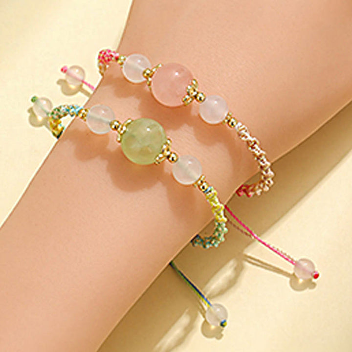 Bracelet de guérison en corde avec perles d'agate blanche et de préhnite en cristal rose et quartz fraise de Buddha Stones