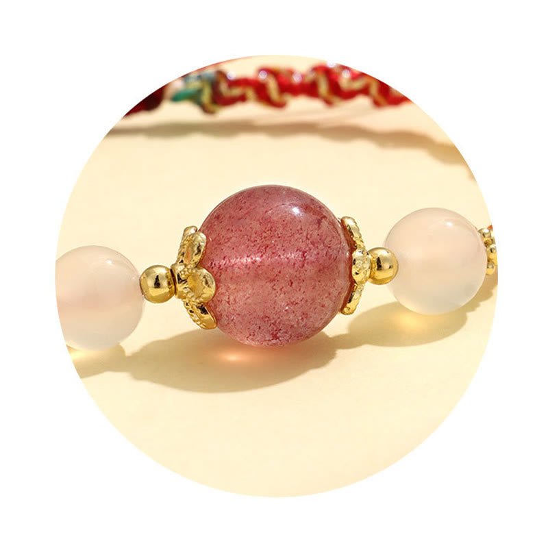 Bracelet de guérison en corde avec perles d'agate blanche et de préhnite en cristal rose et quartz fraise de Buddha Stones