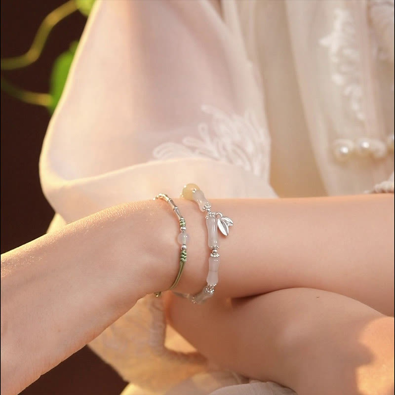 Bracelet porte-bonheur en argent sterling 925 Buddha Stones et jade Tianshan naturel en bambou