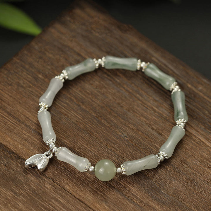 Bracelet porte-bonheur en argent sterling 925 Buddha Stones et jade Tianshan naturel en bambou - Jade (Tour de poignet 14-16 cm) - image 0