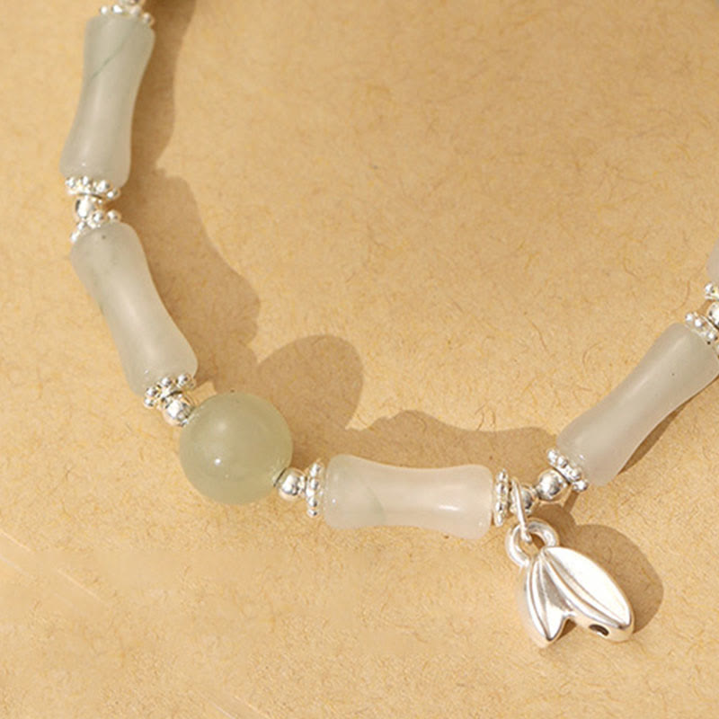 Bracelet porte-bonheur en argent sterling 925 Buddha Stones et jade Tianshan naturel en bambou