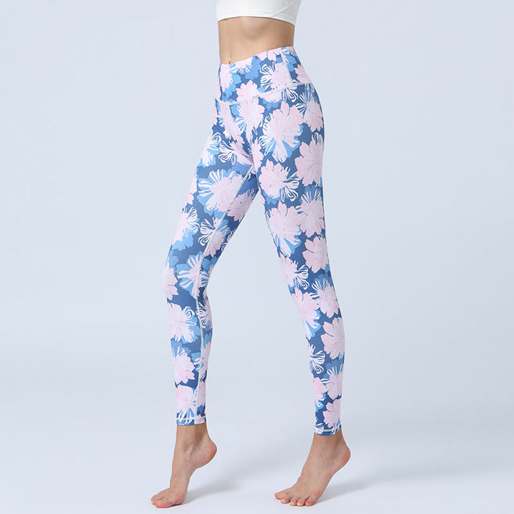 Legging taille haute pour femme avec imprimé Buddha Stones , fleurs, feuilles, sport, fitness, yoga - Fleurs bleu rose - US8-10，UK/AU12-14，EU40-42 (XL) - image 7