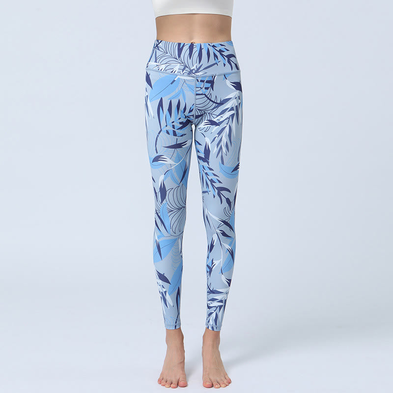Legging taille haute pour femme avec imprimé Buddha Stones , fleurs, feuilles, sport, fitness, yoga - Feuilles bleu clair - US8-10，UK/AU12-14，EU40-42 (XL) - image 10