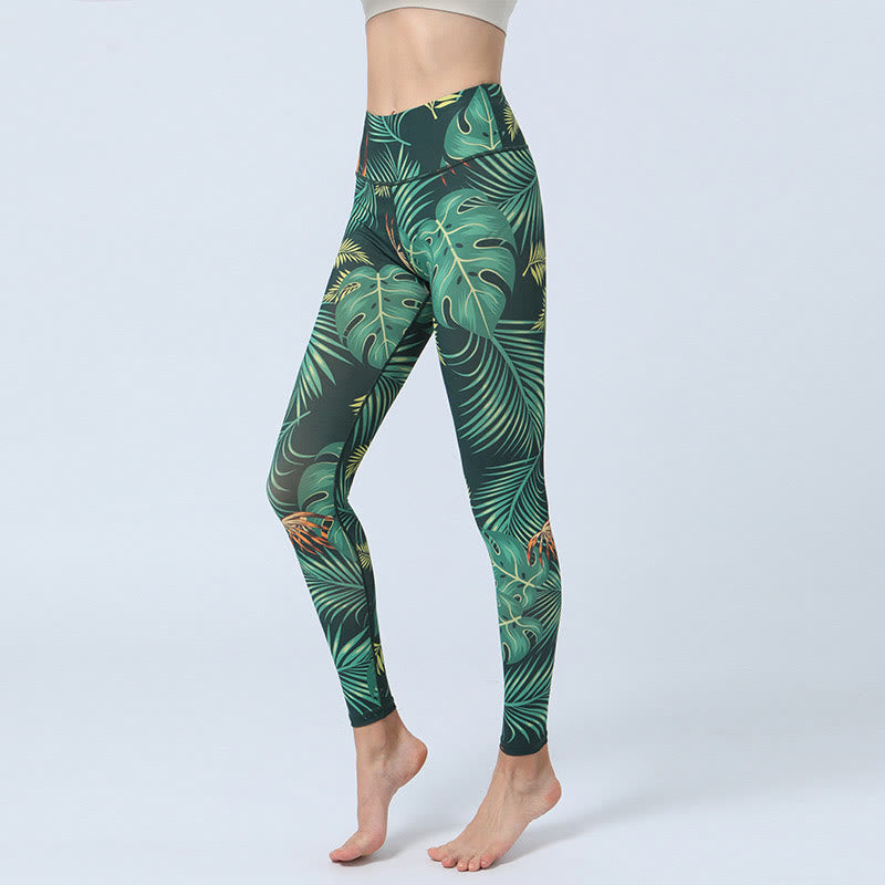 Leggings taille haute pour femme avec imprimé Buddha Stones Leaves Sports Fitness Yoga Pantalon de yoga - Feuilles vertes - US8-10，UK/AU12-14，EU40-42 (XL) - image 1