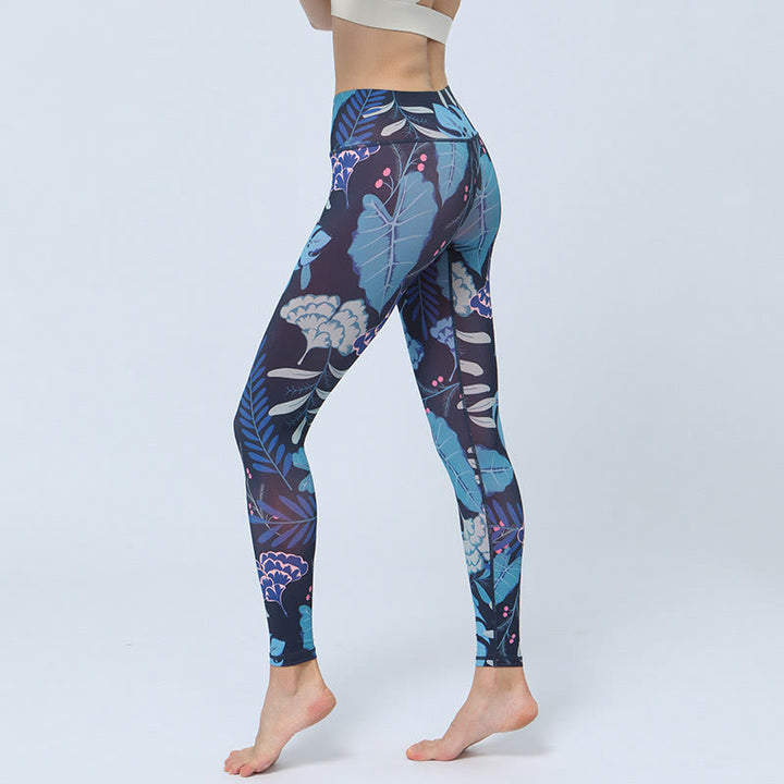Leggings taille haute pour femme avec imprimé Buddha Stones Leaves Sports Fitness Yoga Pantalon de yoga - Feuilles bleu foncé - US8-10，UK/AU12-14，EU40-42 (XL) - image 10