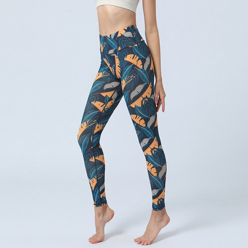 Leggings taille haute pour femme avec imprimé Buddha Stones Leaves Sports Fitness Yoga Pantalon de yoga - Feuilles bleu orange - US8-10，UK/AU12-14，EU40-42 (XL) - image 13